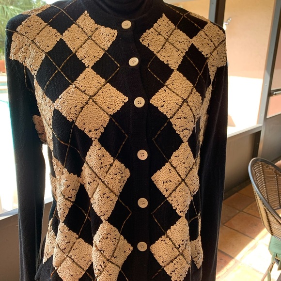 Black with white (Retro)diamond cardigan sweater M - Picture 2 of 8